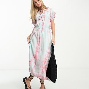 Raga Anthropologie Leslie Tie Dye Midi Maxi Smock Blue Pink Dress SMALL